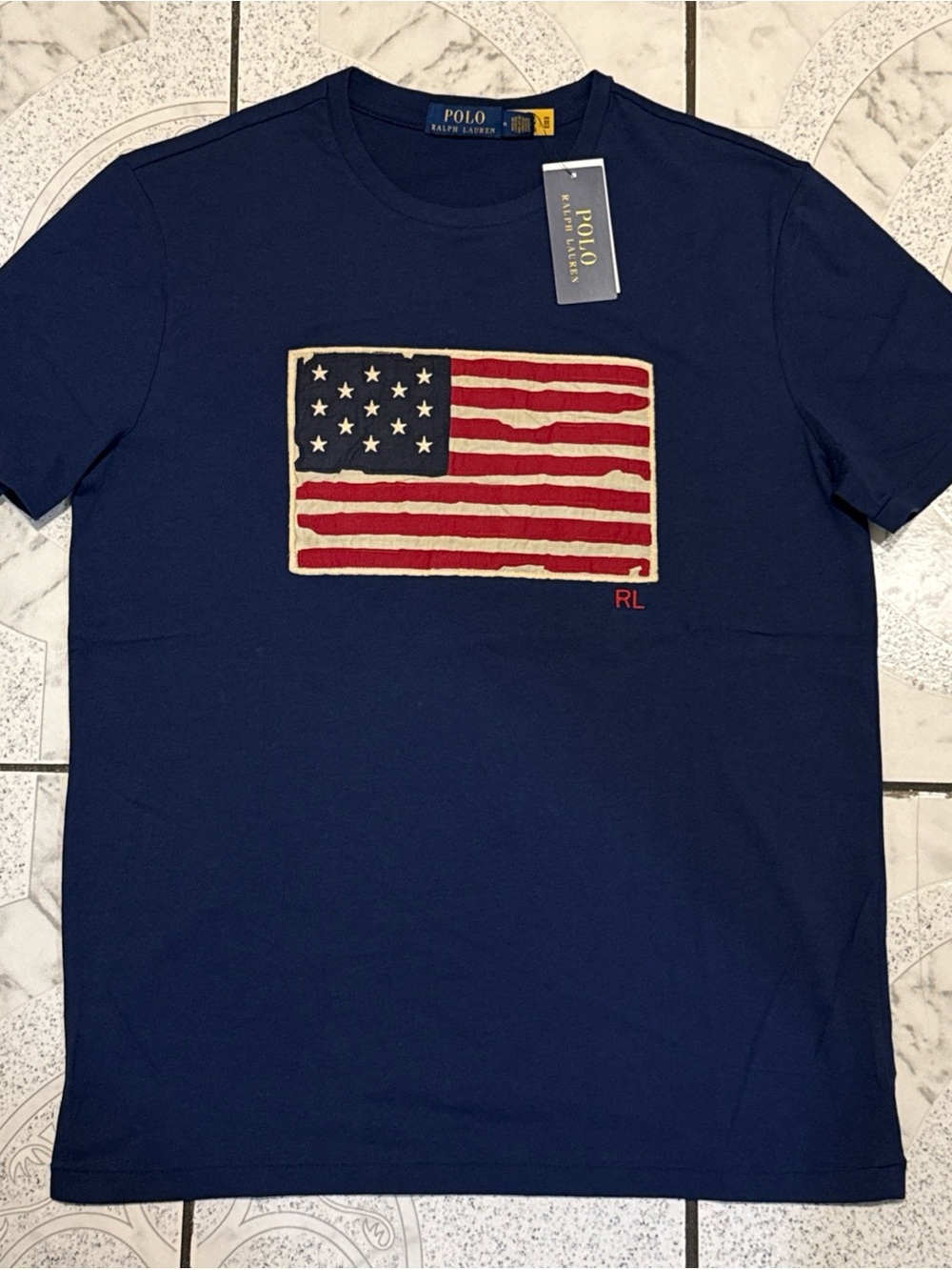 New Polo Ralph Lauren Distressed American Flag Appliqué T-Shirt Mens Size Medium
